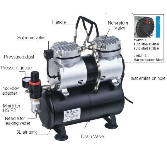 Airbrush Mini Oil-Less Air-Compressor with Tank (Double Piston)